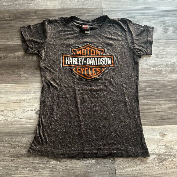 Harley Davidson Motorcycle Gray Womens M Biker Brand Logo Graphic Tee Akron Ohio - Picture 1 of 9
